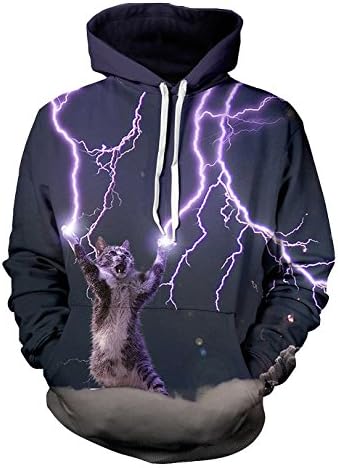 Unisex Lightning Cat Matching Outfit Drawstring Hoodies Sweatshirts Big Pockets (Large, Lightning Cat)