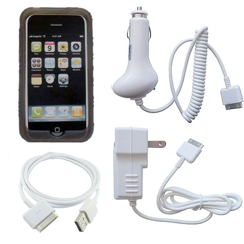 Apple iPhone 3GS Silicone Skin Case Cover Smoke w USB Data Cable - Car Charger - Wall Travel Charger