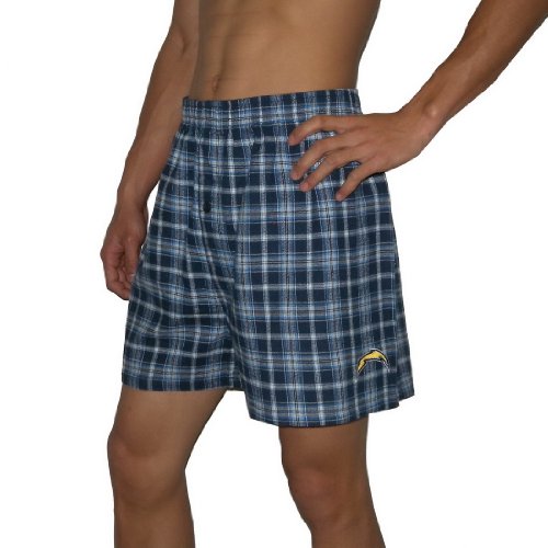 Mens NFL San Diego Chargers Plaid Cotton Boxer Shorts / Pajama Lounge Shorts - Blue & White (Size: 2XL)