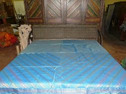 Golden Blue Silk Sari Bedding Bedspread Sofa Throw King Bed Cover 90x108