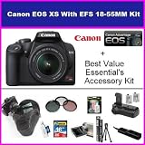 Canon Rebel XS 10.1MP Digital SLR Camera with EF-S 18-55mm f/3.5-5.6 IS Lens With Essential Best Value Bundle Accessory package Includes 16GB Hi Speed Memory Card, Memory Card Reader, Pro SLR Zoom Case, Vertical Shutter realease battery Grip, 2 Extra Extended Life LP-E5 Battery Packs, Remote Shutter Release, 58MM 3 Piece UV, PL, FLD Filter Kit, & More