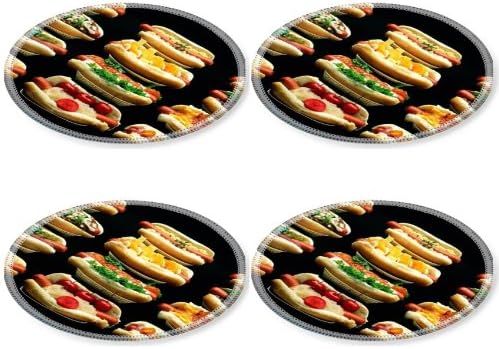 Hot Dogs Variety Tasty Meat Bun Round Coaster (4 Piece) Set Fabric Rubber 5 Inch Size Liil Coaster Cup Mug Can Water Bottle Drink Coasters Stain Resistance Collector Kit Kitchen Table Top Desk