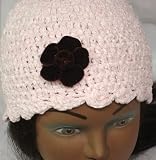 Hand Crocheted Pink 100% Rayon Chenille and Gimp Skull Cap for Women and Teens Trimmed with Purple Velvet Flower