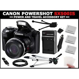 Powershot SX500 IS 16.0 MP Digital Camera with 30x Wide-Angle Zoom and 3.0-Inch LCD (Black) with Power and Travel Kit includes x3 (NB-6L) Batteries + NB-6L Home & Car Charger + 6in Mini Tripod + 50'' Full Size Tripod + 6ft HDMI Cable + USB SD Card Reader + x3 Screen Protectors