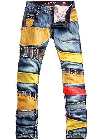 Fashion Bright Color Leather Unique Stitching Low-rise Casual Jeans Trousers (36, Blue)