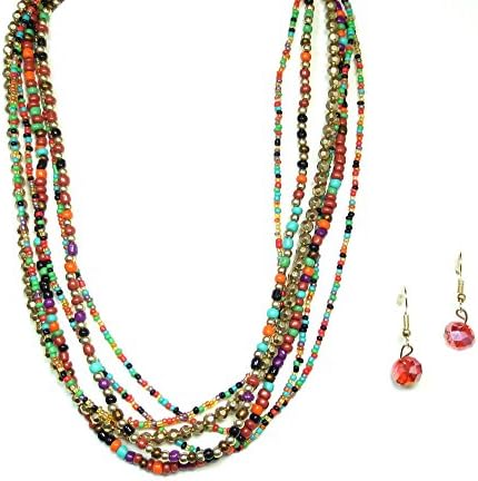 Goldtone Multicolored Red Beaded Fashion Necklace and Earrings Set (Red)