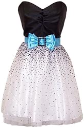 Strapless Prom Dress Holiday Party Gown Cocktail w/ Polka Dot Net Skirt and Color Bow