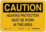 Brady 25464 10 Width x 7 Height B-401 Plastic, Black on Yellow Ear Protection Sign, Header Caution, Legend Hearing Protection Must Be Worn In This Area