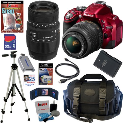 Nikon D5200 24.1 MP CMOS Digital SLR Camera  Red  with 18 55mm f/3.5 5.6G AF S DX VR Lens and Sigma 70 300mm f/4 5.6 SLD DG Macro 