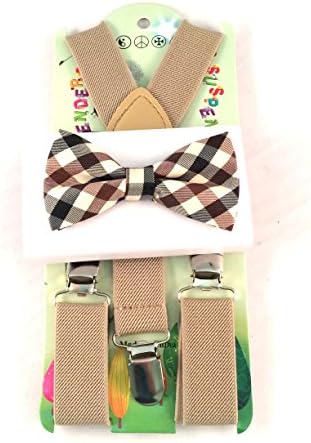Baby Toddler Kids Children Boys Girls Tan Suspender & Plaid Bow Tie Set