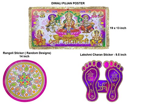Diwali Lakshmi Pujan Shubh Labh Poster+ Paper Rangoli Sticker + Lakshmi Charan. Lord Ganesha with Lakshmi Idol Poster