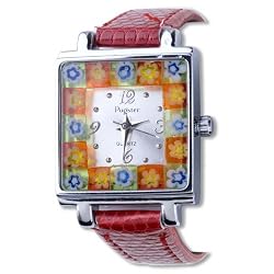 Pugster Square Orange Flower Encircled Murano Millefiori Watch Wrist