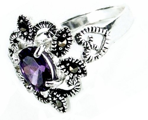 Oval Shape 1.5 Carat Simulated Amethyst Filigree Textured Band Ring, Size 8, 925 Sterling Silver Band