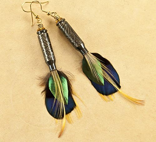 Bullet earrings - "Tribal Vibe" feather earrings - etched bullet earring