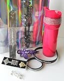 Rhinestone Bling Bling Gift Set with 11 Pieces including Hot Pink Travel Coffee Tea Mug, Rhinestone Bling Bling Bracelet & Bangle, Rhinestone Necklace & Earrings, Rhinestone Bling Rings & More