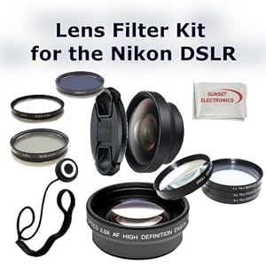 Digital Accessory Kit For Nikon D70, D70s, D80 Digital SLR Cameras: Includes- Wide Angle Lens, Telephoto Lens, Lens Cap, 7 Piece Filter Set(UV-CPL-FLD + 4 Macro Filters – +1,+2,+4,+10), Lens Cap Keeper and a Cleaning Cloth. (Works with Any Of The Following Nikon Lenses: 18-55mm, 50mm, 35mm, 55-200mm)