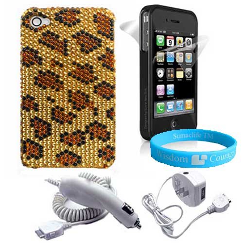 iPhone 4 Diamond Crystal * Sparkling* Snap on Cover + Car Charger + Wall Charger + 2 Piece Screen Protector + Wisdom * Courage Wristband