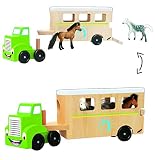 Pferdetransporter / Pferdeanhänger mit Auto & 2 Pferde - aus Holz - Fahrzeug - Pferdestall - Pferdetransportwagen - Holzauto Reitturnier - Tier Transporter / Bauernhof Pferd - für Kinder Mädchen Jungen - Tiere - Laster Anhänger / Holzpferde - Spielzeugpferde