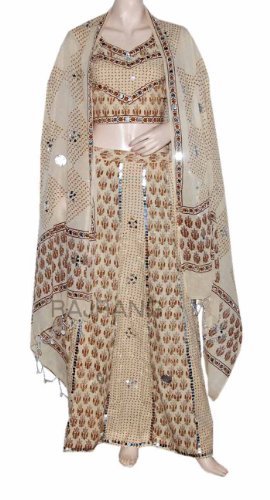 Beautiful Designer Shells Work & Block Print for Ladies, Unique Design Creem & Yellow Boho Bohemian Block Print Lehnga Choli with Sequins, Mirrors, Shells Work & Block Print for Ladies Rajrang India Reviews