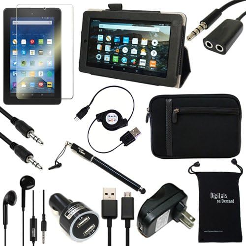 Fire 7 2015 Case and Accessories - DigitalsOnDemand 12-Item Kit for Amazon Fire 7" 5th Generation Tablet - Leather Case, Sleeve Cover, Screen Protector, Stylus Pen, USB Cables + Charger