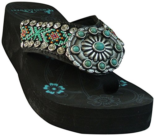 Montana West Western Turquoise Silver Concho Aztec Hand Beaded Flip Flop