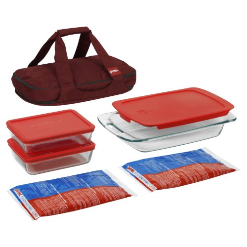 Pyrex Portable 9-Piece Double Decker Set - includes 1-ea 3-qt Easy GrabOblong - Red Plastic Cover - Red Carrier - Large Unipack - 2-ea 6-cupRectangle Storage Dishes - Red Plastic Covers product image