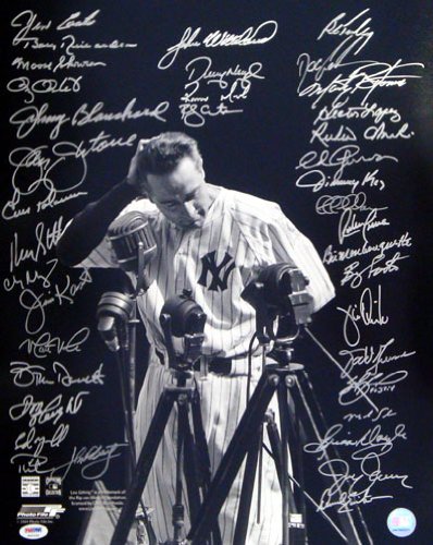 New York Yankees Greats Multi Signed Autographed 16x20 Gehrig Photo (38 Signatures) Bobby Richardson, Gooden, Key & Kaat PSA/DNA