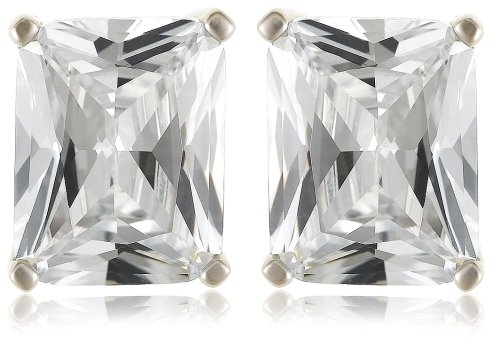 Platinum Overlay Sterling Silver 9 x 7 mm Emerald-Cut Cubic Zirconia Stud Earrings