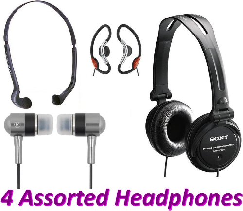Sony Bestselling Headphones Combo Set 4 Pack - Includes: MDR-V250V Monitor Series Headphones with Reversible Earcups, MDR-W08L Lightweight In-The-Ear Headphones, MDR-AS20J Active Style Headphones with Soft Loop Hangers - with Bonus A4Tech Earphones
