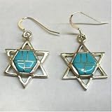 Star of David French Hook Earrings, Sterling Silver with Inlay Turquoise