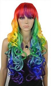 Qiyun Long Wavy Curly Multi-Color Colorful Rainbow Full Hair Wig Cosplay Party