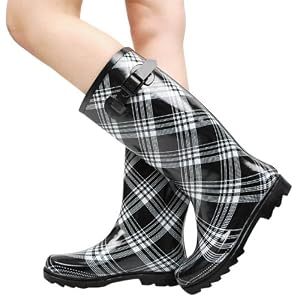 NB9356 Plaid Knee High Rain Boot BLACK/WHITE