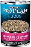 Purina Pro Plan Wet Dog Food, Focus,  Adult Sensitive Skin & Stomach Salmon & Rice Entr&eacute;e, 13-Ounce Can, Pack of 12