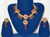 Exquisite Finish Ethnic Indian Gold Plated and Ruby Beaded Necklace- Earring Set Free Shipping