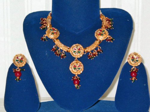 Exquisite Finish Ethnic Indian Gold Plated and Ruby Beaded Necklace- Earring Set Free Shipping