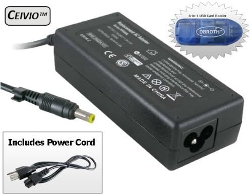 Ceivio(TM) 65W Laptop AC Adapter Battery Charger with Cord for HP Pavilion DV1500 Series. Replaces 380467-001, PA-1650-02H - Includes DBROTH USB 6-in-1 SD Card Reader