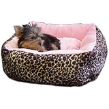 Anima Pink Ultra Plush Leopard Print Bed with Removable Pillow, 16 by 16 by 5.5-Inch