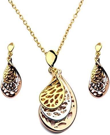 Genuine Rose Jewelry 18k Gold Plated Triple Charm Pendant Plated Necklace Earring Set