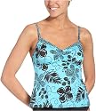 Caribbean Joe Women's Mosaic Floral Thin Strap Tankini Top With Bra Overlay