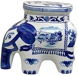 Elephant Stool with Blue Landscape Design in White