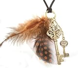 Beautiful LARGE & Long Designer Look Brown Spotted Feather and Keys Multi Charm Necklace on Brown Suede Leather Cord