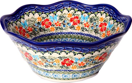 Polish Pottery Ceramika Boleslawiec Bowl Viki Cups, Royal Blue Patterns with Red Cornflower and Blue Butterflies Motif, 6-1/2-Inch