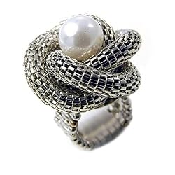 Silver Mesh Chain and White Faux Pearl Flower Stretch Adjustable Chunky Fashion Ring