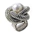 Silver Mesh Chain and White Pearl Flower Stretch Adjustable Chunky Fashion Ring
