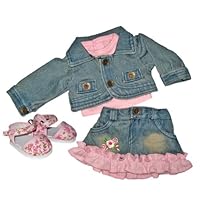 Denim Crop Jacket, Tee, Skirt, and Pink Floral Shoes. Doll Clothes Fit 18 American Girl Doll.