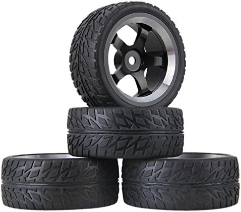 Mxfans RC 1:10 On-road Car Black Flame Pattern Rubber Tyre &amp; Black Aluminum 5-Spoke Wheel Rim 12mm Drive Hex Pack of 4