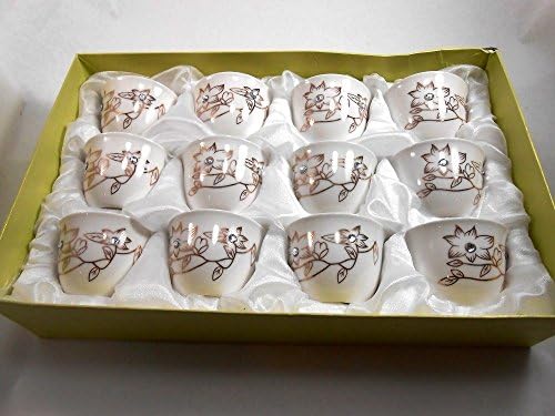 Turkish Arabic Coffee Cups Gawa Set of 12 Flower Design with Crystal Stones (Gold)