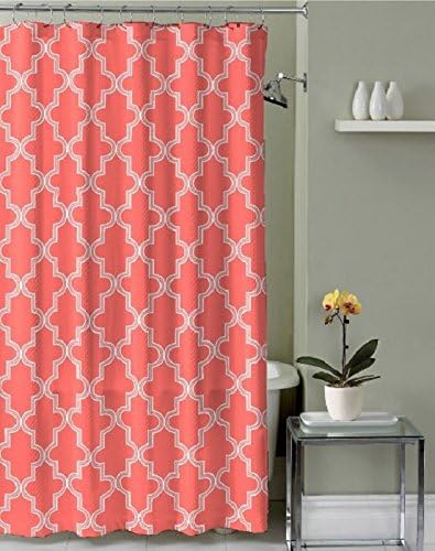 Mapleton Collection Luxury Shower Curtain with Roller Hooks 13 Piece Set (Cosmos - Coral)