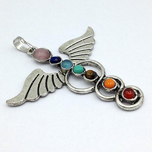 ROVAO 7 Chakra Natural Crystal Angel Wings Power Healing Point Chakra Pendant with 22" Stainless Steel Chain for Necklace