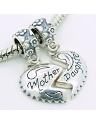 .925 Sterling Silver " 1 Pair Both Sides of Heart w/ Mother & Daughter " Dangle Charms Bead Compatible with Pandora Chamilia Kay Troll Bracelet